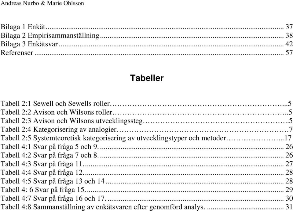 .5 Tabell 2:4 Kategorisering av analogier 7 Tabell 2:5 Systemteoretisk kategorisering av utvecklingstyper och metoder...17 Tabell 4:1 Svar på fråga 5 och 9.