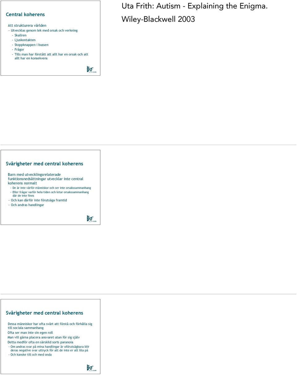 Wiley-Blackwell 2003 Svårigheter med central koherens Barn med utvecklingsrelaterade funktionsnedsättningar utvecklar inte central koherens normalt - De är inte värför-människor och ser inte