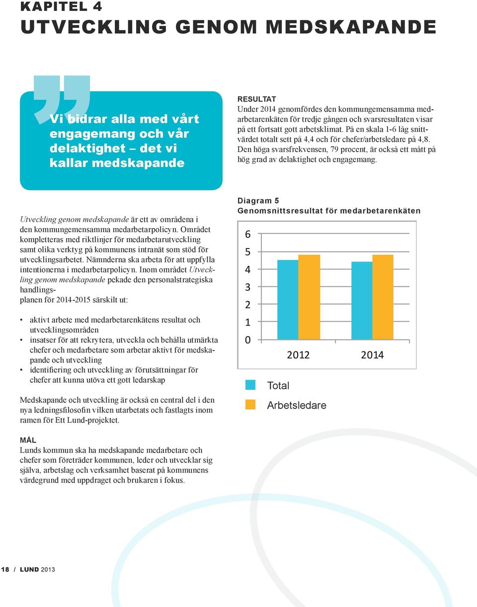 Den höga svarsfrekvensen, 79 procent, är också ett mått på hög grad av delaktighet och engagemang. Utveckling genom medskapande är ett av områdena i den kommungemensamma medarbetarpolicyn.