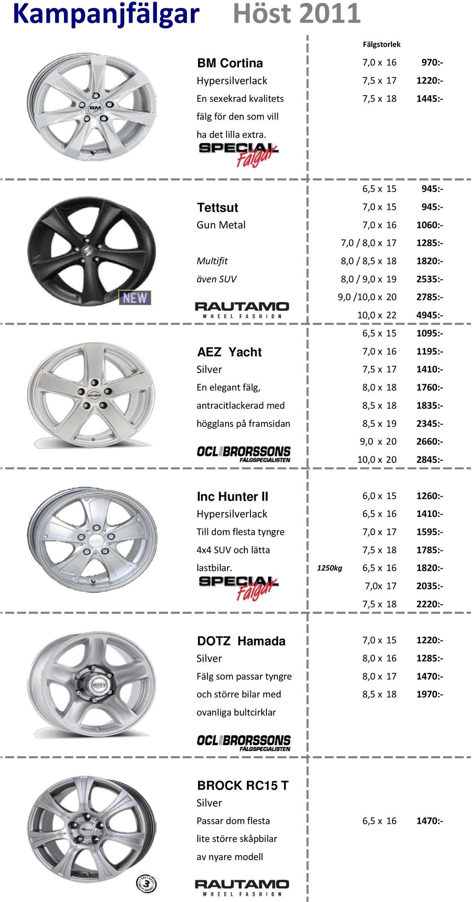 1095:- AEZ Yacht 7,0 x 16 1195:- Silver 7,5 x 17 1410:- En elegant fälg, 8,0 x 18 1760:- antracitlackerad med 8,5 x 18 1835:- högglans på framsidan 8,5 x 19 2345:- 9,0 x 20 2660:- 10,0 x 20 2845:-