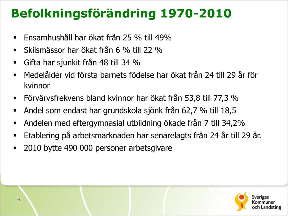 ökat från 53,8 till 77,3 % Andel som endast har grundskola sjönk från 62,7 % till 18,5 Andelen med eftergymnasial utbildning ökade