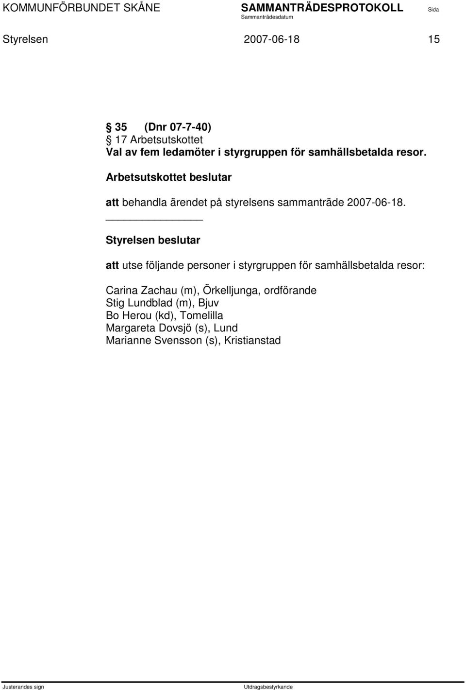 att utse följande personer i styrgruppen för samhällsbetalda resor: Carina Zachau (m), Örkelljunga,