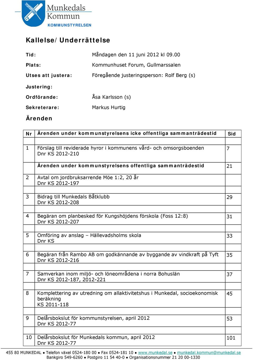 kommunstyrelsens icke offentliga sammanträdestid Sid 1 Förslag till reviderade hyror i kommunens vård- och omsorgsboenden Dnr KS 2012-210 7 Ärenden under kommunstyrelsens offentliga sammanträdestid