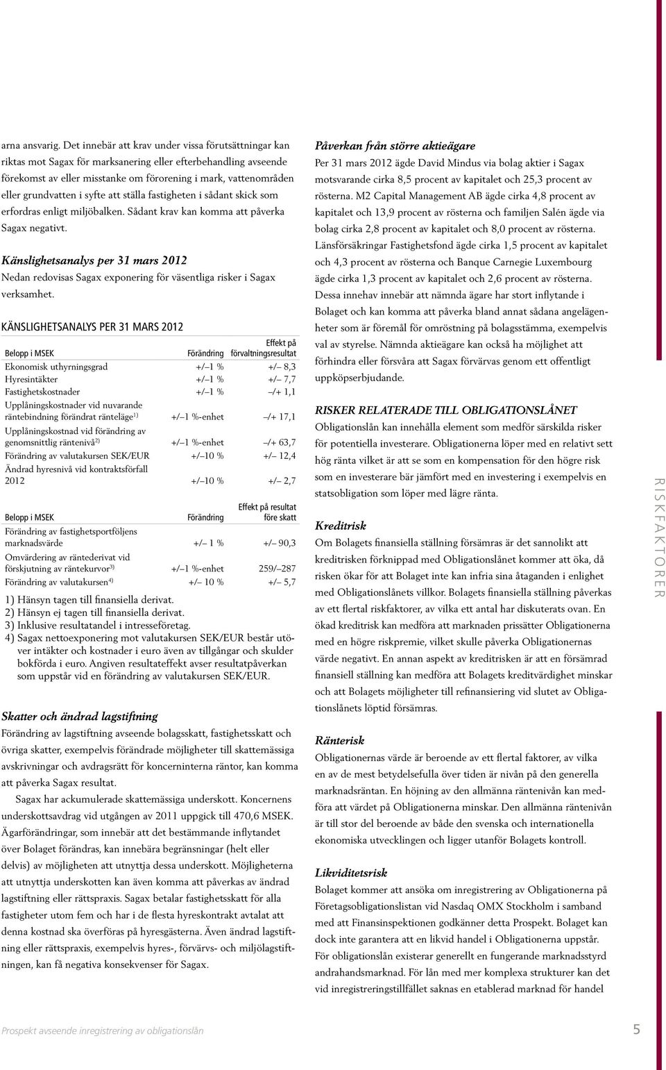 grundvatten i syfte att ställa fastigheten i sådant skick som erfordras enligt miljöbalken. Sådant krav kan komma att påverka Sagax negativt.