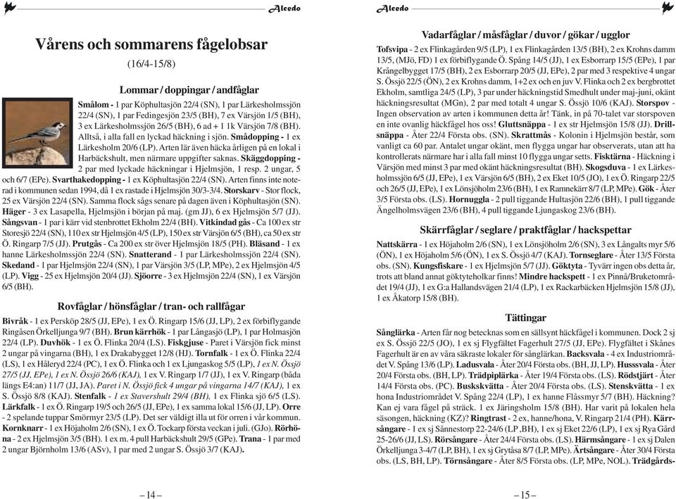 Arten lär även häcka årligen på en lokal i Harbäckshult, men närmare uppgifter saknas. Skäggdopping - 2 par med lyckade häckningar i Hjelmsjön, 1 resp. 2 ungar, 5 och 6/7 (EPe).