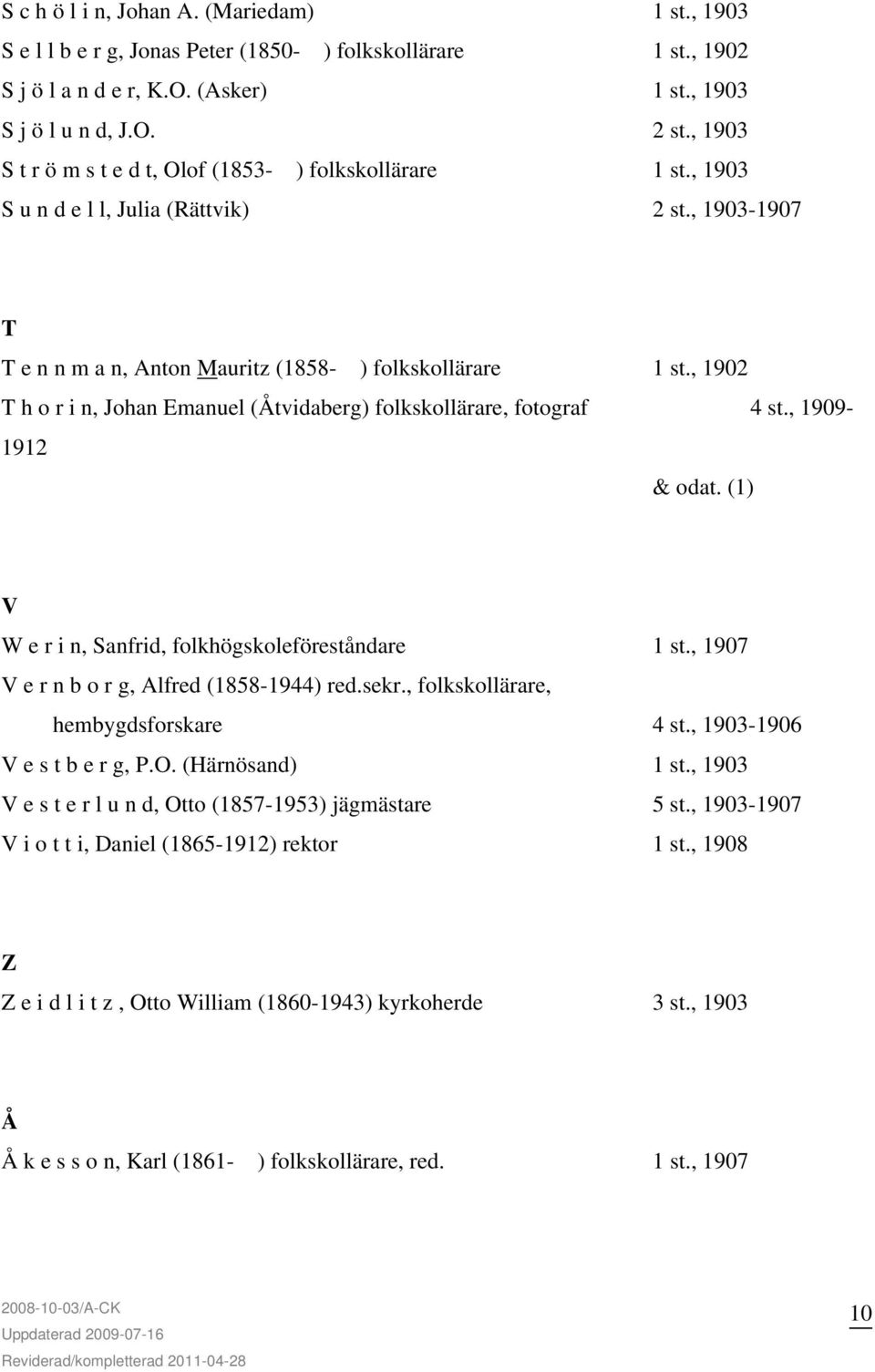 , 1902 T h o r i n, Johan Emanuel (Åtvidaberg) folkskollärare, fotograf 4 st., 1909-1912 & odat. (1) V W e r i n, Sanfrid, folkhögskoleföreståndare 1 st., 1907 V e r n b o r g, Alfred (1858-1944) red.