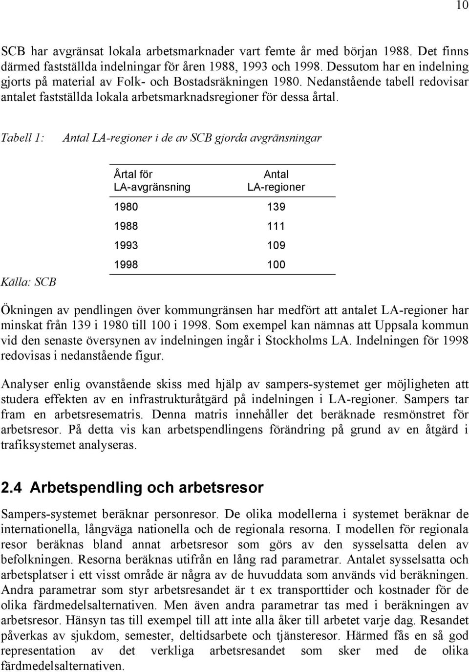 Tabell 1: Antal LA-regioner i de av SCB gjorda avgränsningar Källa: SCB Årtal för LA-avgränsning Antal LA-regioner 1980 139 1988 111 1993 109 1998 100 Ökningen av pendlingen över kommungränsen har