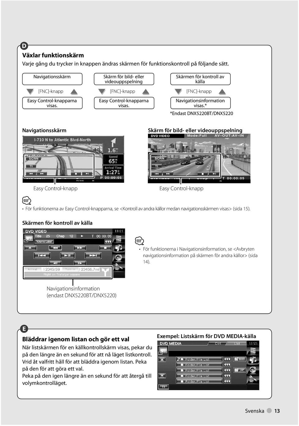 * *Endast DNX50BT/DNX50 Navigationsskärm Skärm för bild- eller videouppspelning DVD VIDEO Mode:Full AV OUT:AV IN SCRN TI DVD VIDEO Title Chap T 00:00:05 Easy Control-knapp Easy Control-knapp För