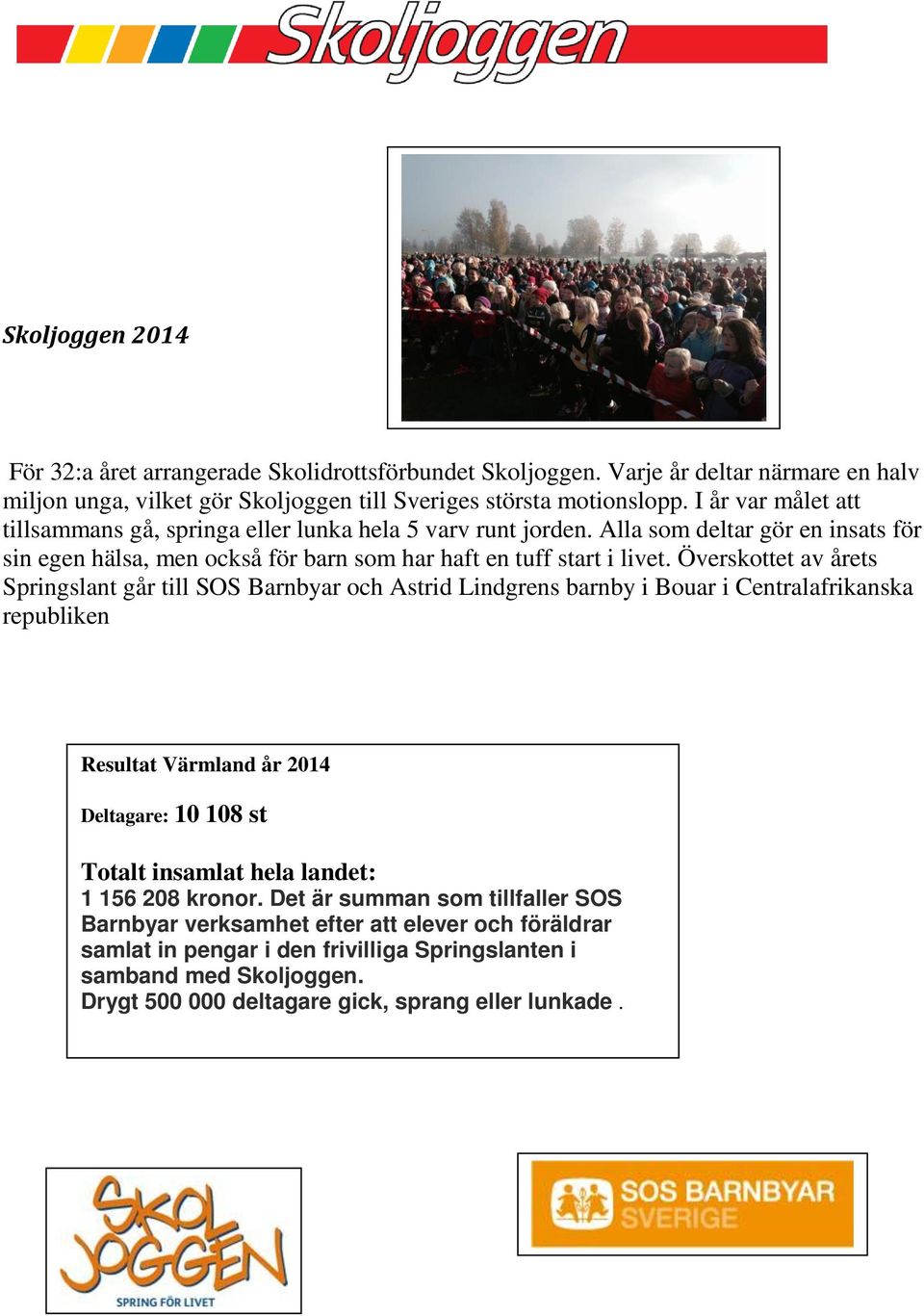 Överskottet av årets Springslant går till SOS Barnbyar och Astrid Lindgrens barnby i Bouar i Centralafrikanska republiken Resultat Värmland år 2014 Deltagare: 10 108 st Totalt insamlat hela
