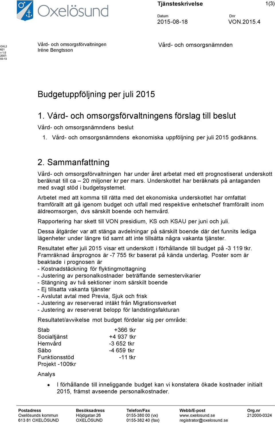 15 godkänns. 2. Sammanfattning Vård- och omsorgsförvaltningen har under året arbetat med ett prognostiserat underskott beräknat till ca 20 miljoner kr per mars.