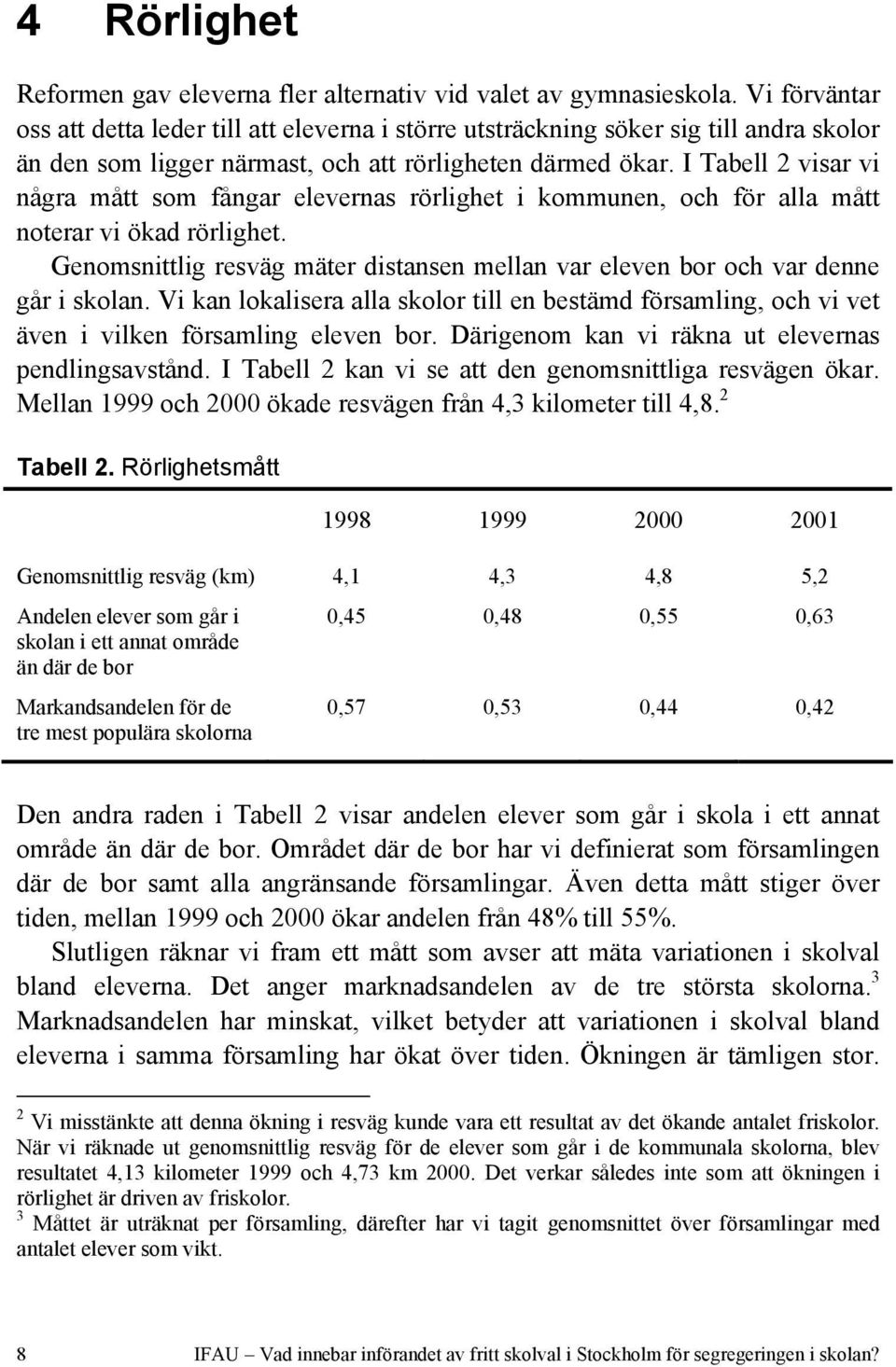 I Tabell 2 visar vi några mått som fångar elevernas rörlighet i kommunen, och för alla mått noterar vi ökad rörlighet.