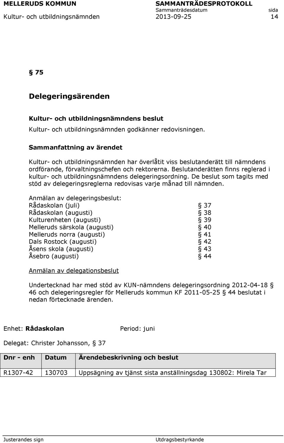 Beslutanderätten finns reglerad i kultur- och utbildningsnämndens delegeringsordning. De beslut som tagits med stöd av delegeringsreglerna redovisas varje månad till nämnden.