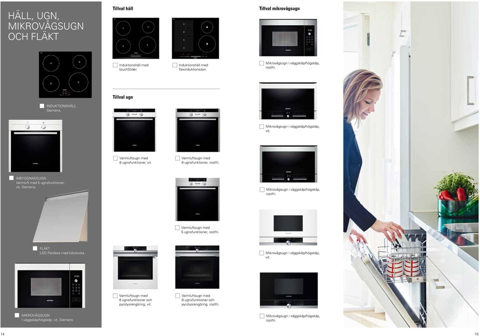 INBYGGNADSUGN Varmluft med 5 ugnsfunktioner, vit, Siemens. Mikrovågsugn i väggskåp/högskåp, rostfri. Varmluftsugn med 5 ugnsfunktioner, rostfri. FLÄKT LGG Pandora med kökslucka.