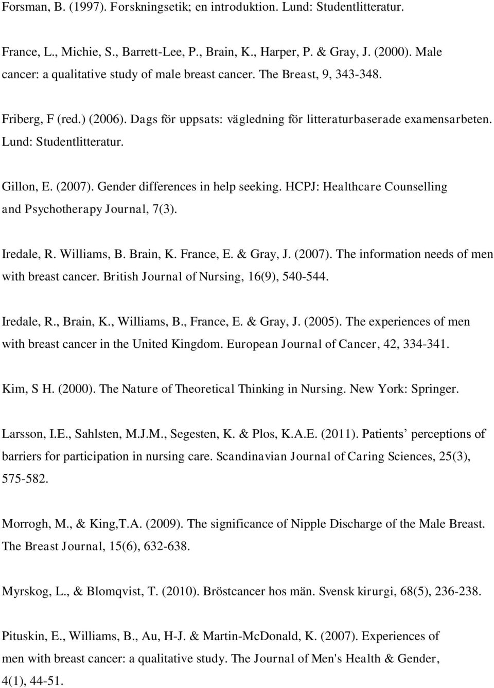 Gillon, E. (2007). Gender differences in help seeking. HCPJ: Healthcare Counselling and Psychotherapy Journal, 7(3). Iredale, R. Williams, B. Brain, K. France, E. & Gray, J. (2007). The information needs of men with breast cancer.