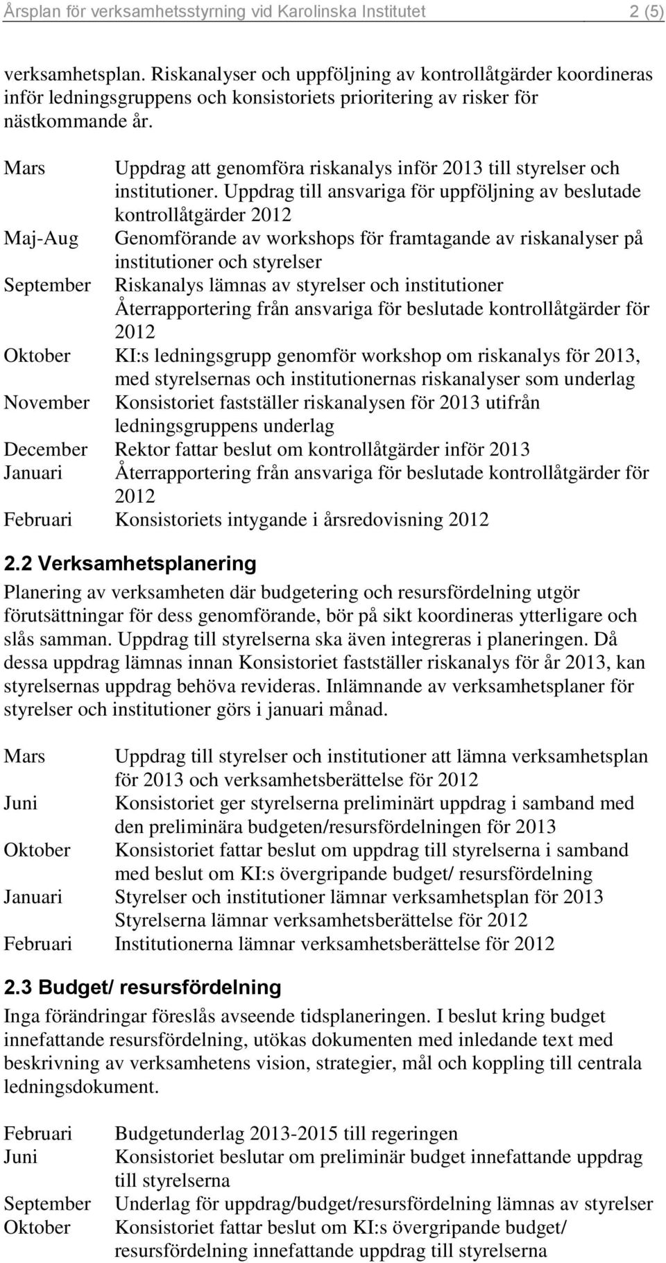 Mars Uppdrag att genomföra riskanalys inför 2013 till styrelser och institutioner.