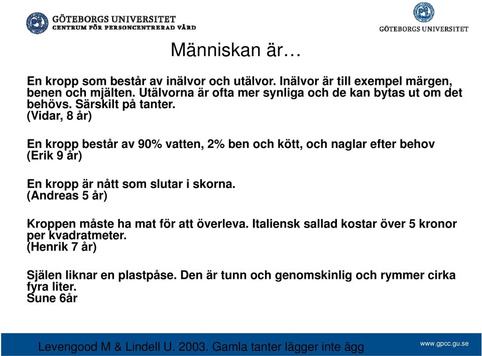 (Vidar, 8 år) En kropp består av 90% vatten, 2% ben och kött, och naglar efter behov (Erik 9 år) En kropp är nått som slutar i skorna.