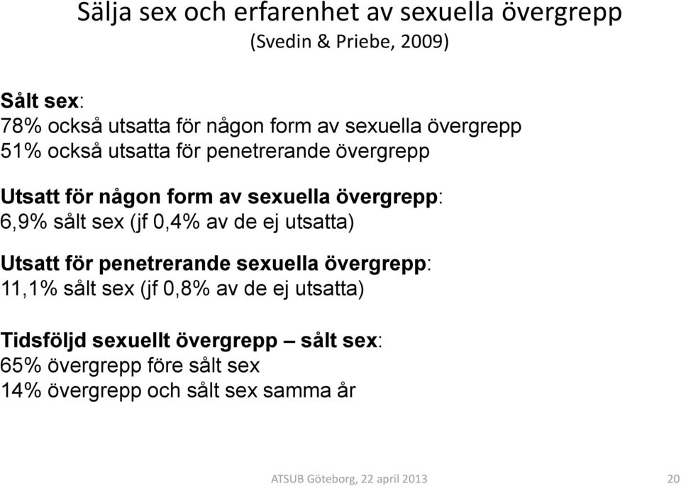 6,9% sålt sex (jf 0,4% av de ej utsatta) Utsatt för penetrerande sexuella övergrepp: 11,1% sålt sex (jf 0,8% av de