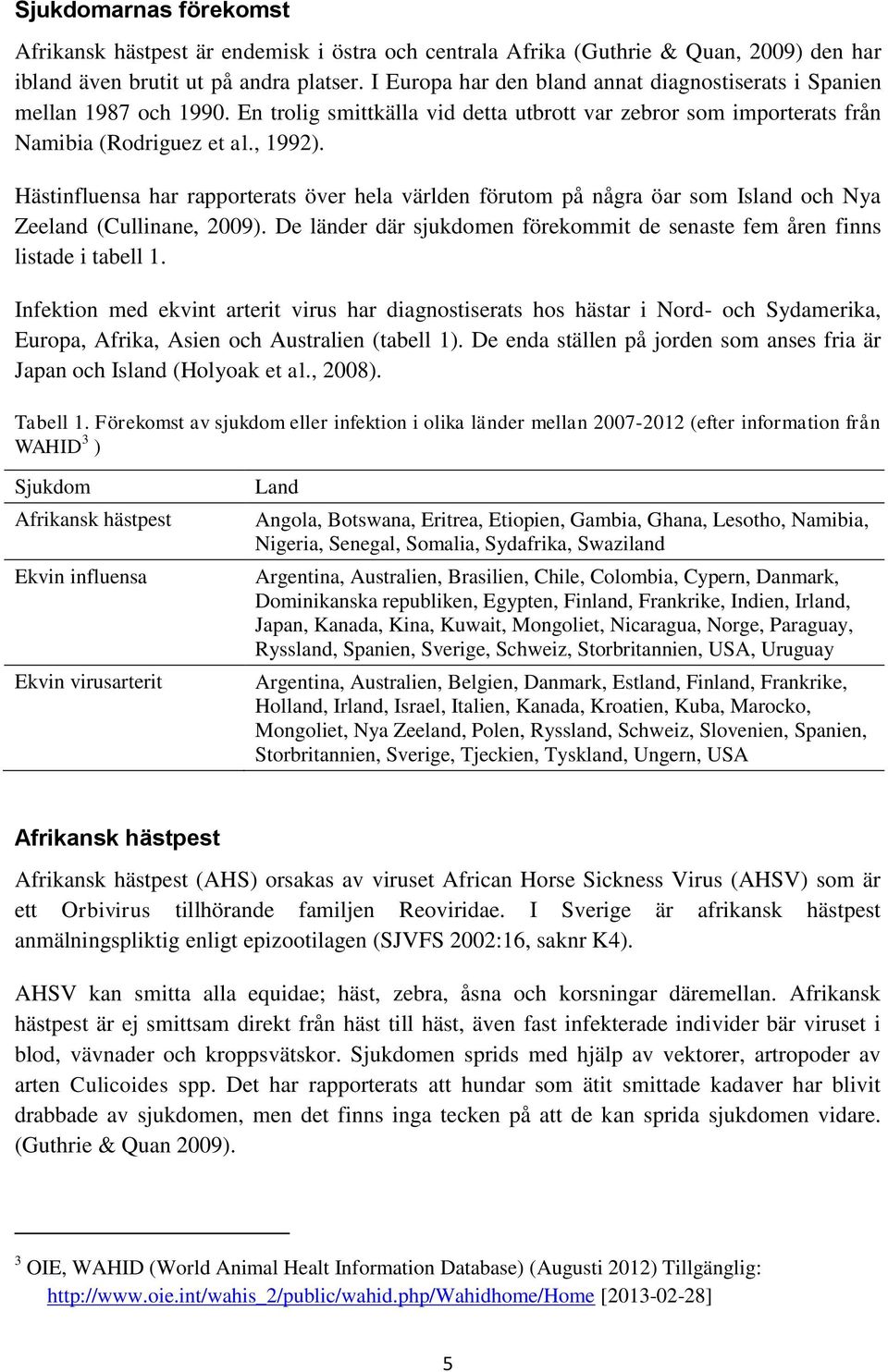 Hästinfluensa har rapporterats över hela världen förutom på några öar som Island och Nya Zeeland (Cullinane, 2009). De länder där sjukdomen förekommit de senaste fem åren finns listade i tabell 1.