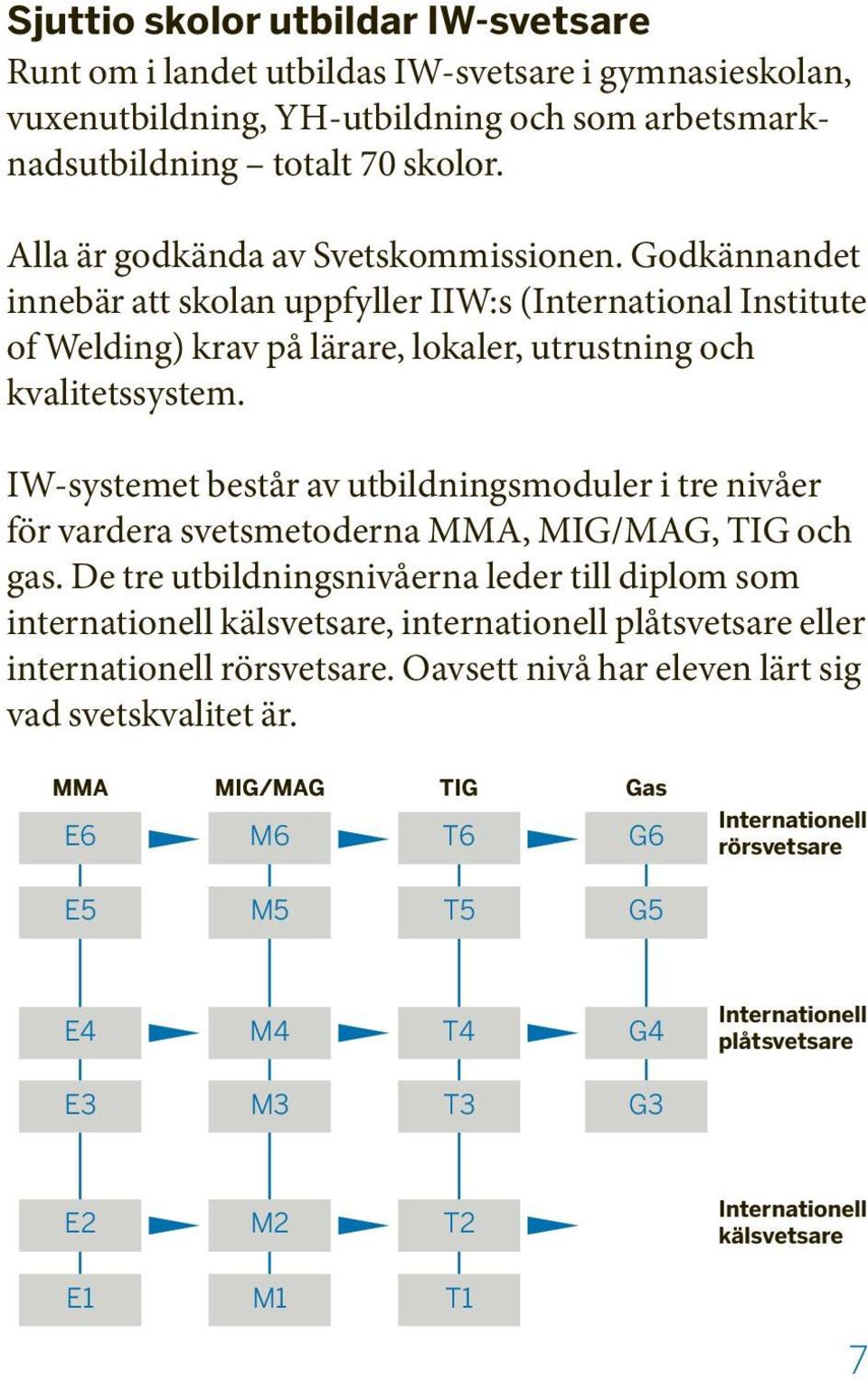 IW-systemet består av utbildningsmoduler i tre nivåer för vardera svetsmetoderna MMA, MIG/MAG, TIG och gas.