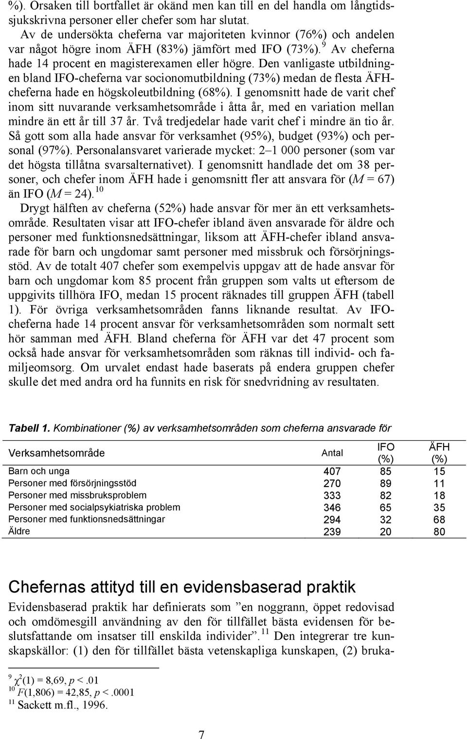 Den vanligaste utbildningen bland IFO-cheferna var socionomutbildning (73%) medan de flesta ÄFHcheferna hade en högskoleutbildning (68%).