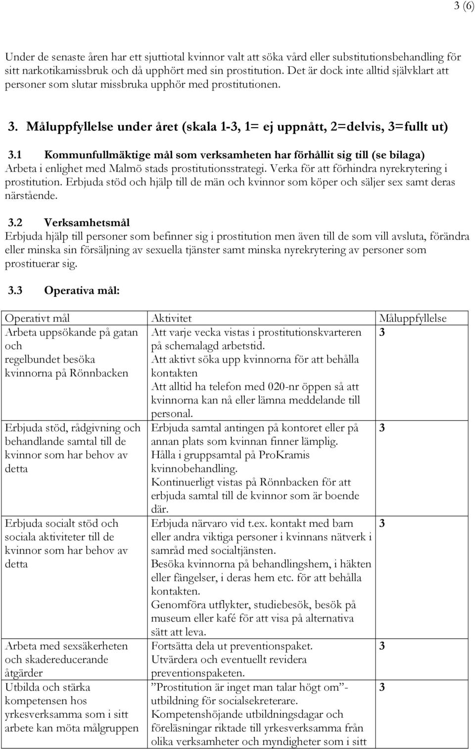 1 Kommunfullmäktige mål som verksamheten har förhållit sig till (se bilaga) Arbeta i enlighet med Malmö stads prostitutionsstrategi. Verka för att förhindra nyrekrytering i prostitution.