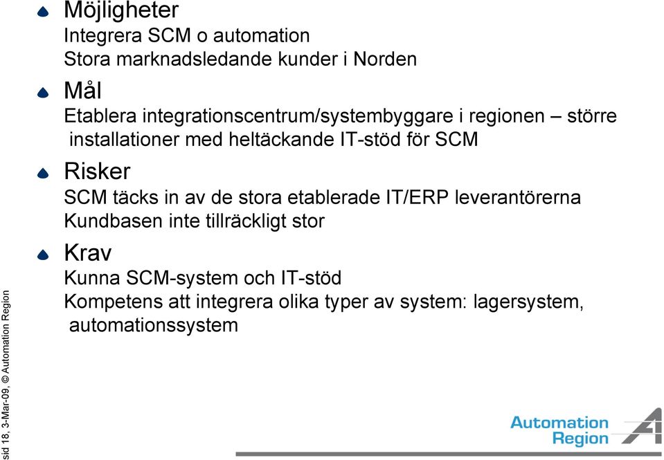 IT-stöd för SCM Risker SCM täcks in av de stora etablerade IT/ERP leverantörerna Kundbasen inte tillräckligt