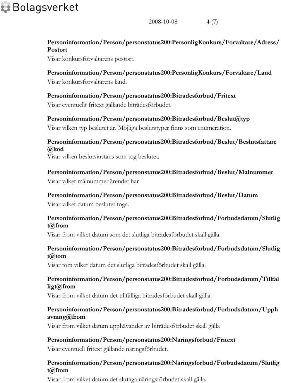 Personinformation/Person/personstatus200:Bitradesforbud/Beslut@typ Visar vilken typ beslutet är. Möjliga beslutstyper finns som enumeration.