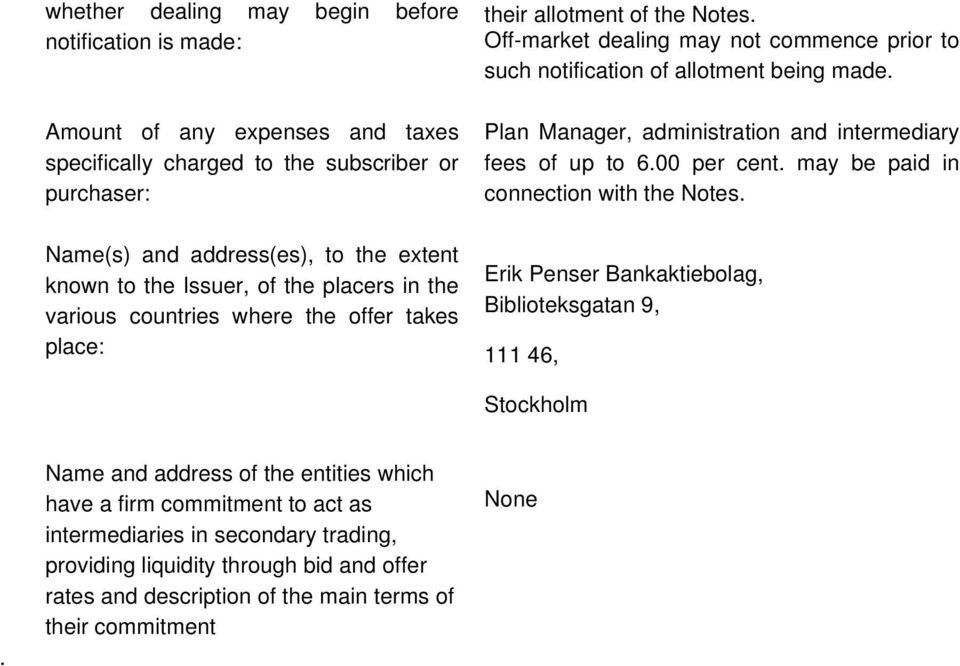 Plan Manager, administration and intermediary fees of up to 6.00 per cent. may be paid in connection with the Notes. Erik Penser Bankaktiebolag, Biblioteksgatan 9, 111 46, Stockholm.
