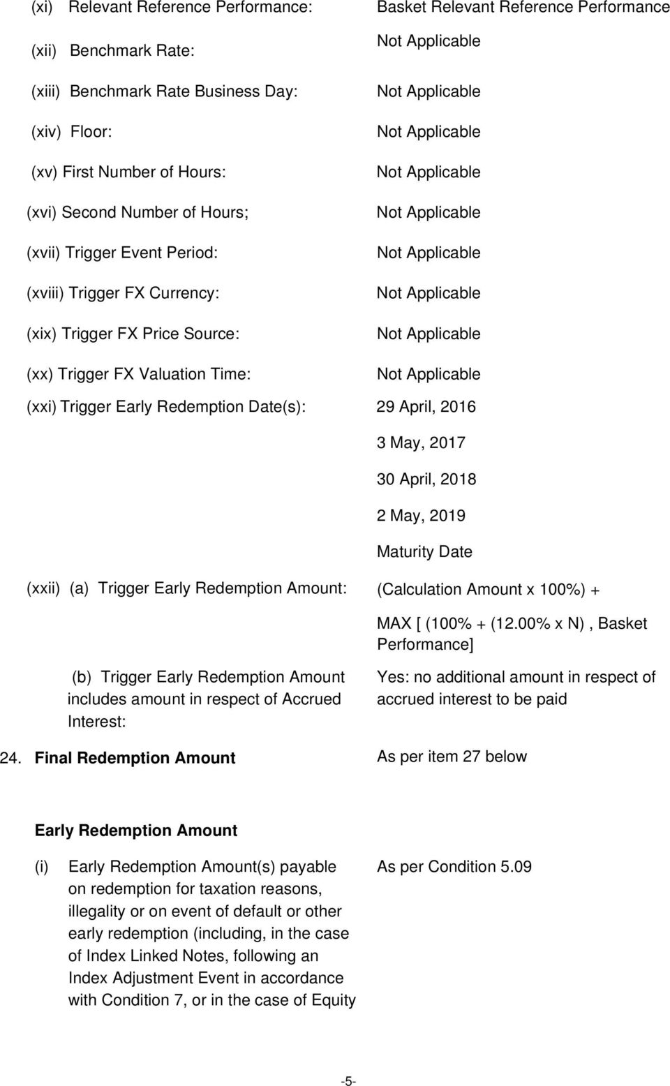 April, 2018 2 May, 2019 Maturity Date (xxii) (a) Trigger Early Redemption Amount: (Calculation Amount x 100%) + MAX [ (100% + (12.