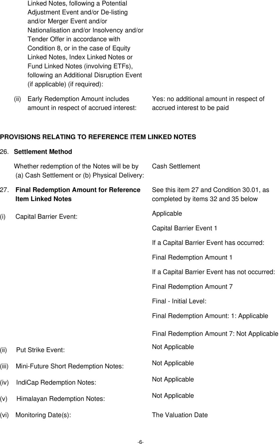 in respect of accrued interest: Yes: no additional amount in respect of accrued interest to be paid PROVISIONS RELATING TO REFERENCE ITEM LINKED NOTES 26.