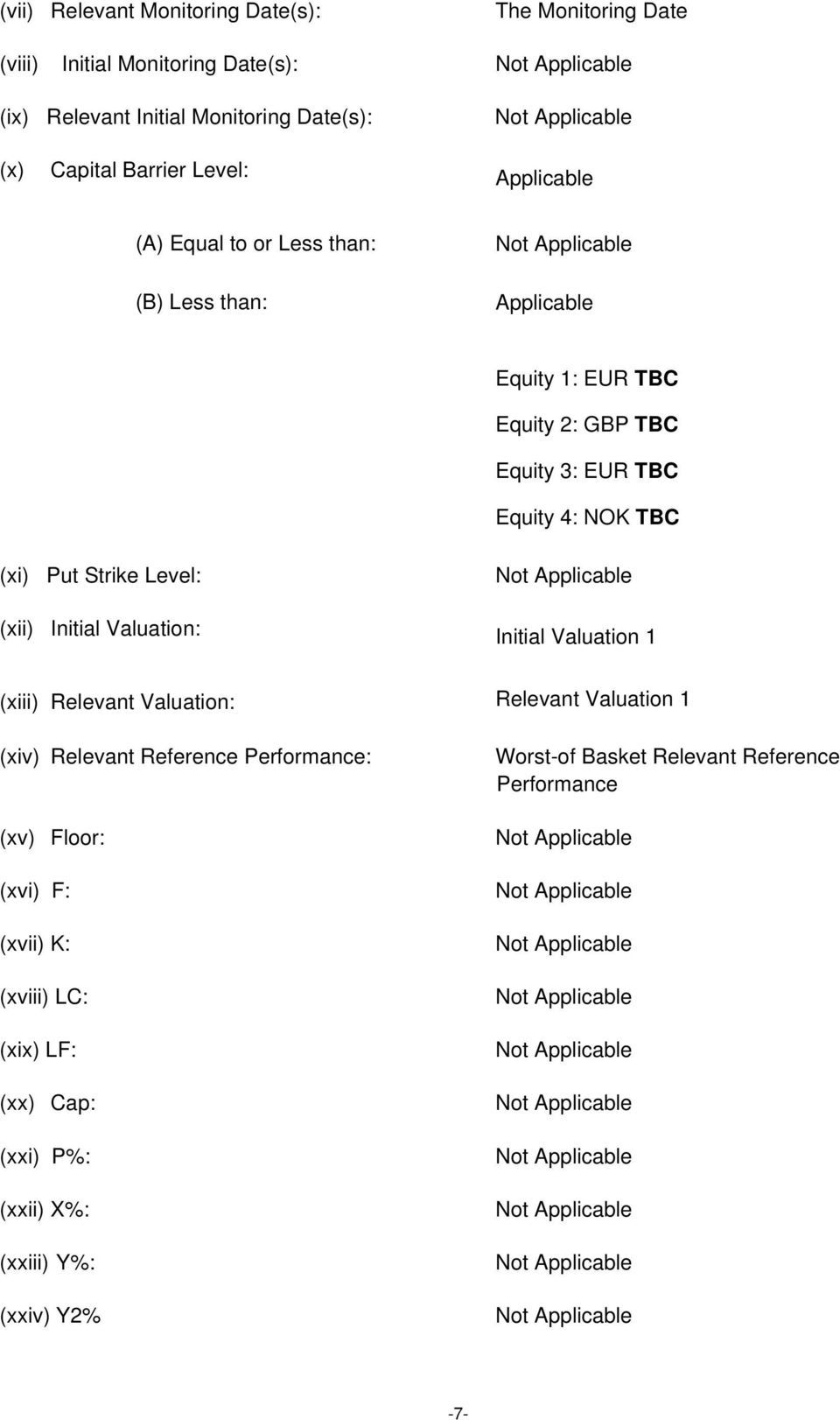 Strike Level: (xii) Initial Valuation: Initial Valuation 1 (xiii) Relevant Valuation: (xiv) Relevant Reference Performance: (xv) Floor: (xvi) F: (xvii)