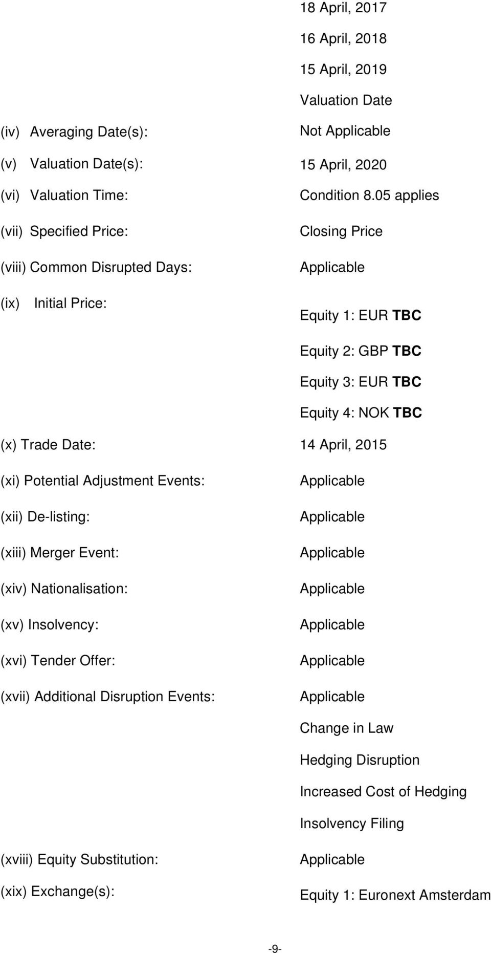05 applies Closing Price Applicable Equity 1: EUR TBC Equity 2: GBP TBC Equity 3: EUR TBC Equity 4: NOK TBC (x) Trade Date: 14 April, 2015 (xi) Potential Adjustment Events: (xii) De-listing: