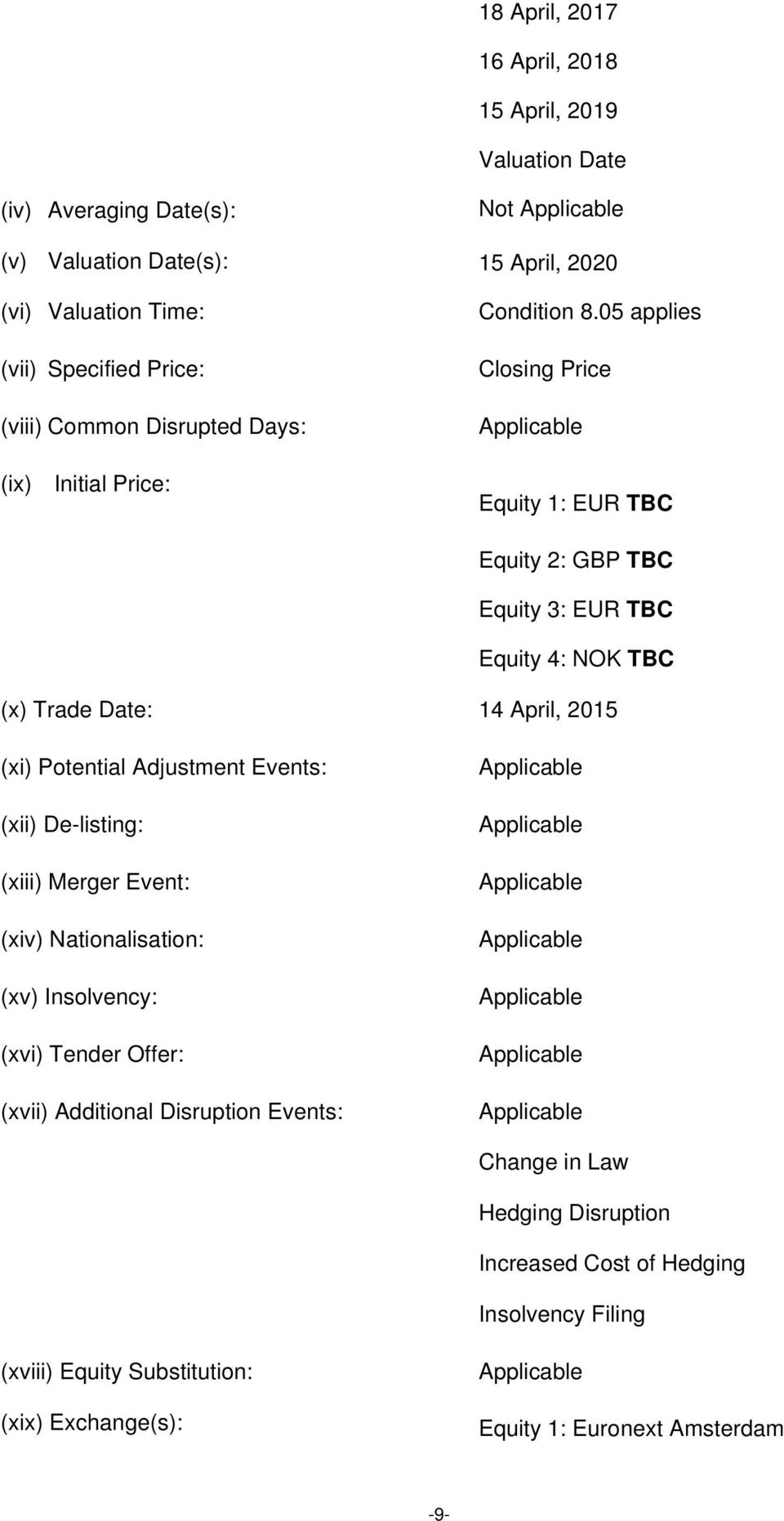 05 applies Closing Price Applicable Equity 1: EUR TBC Equity 2: GBP TBC Equity 3: EUR TBC Equity 4: NOK TBC (x) Trade Date: 14 April, 2015 (xi) Potential Adjustment Events: (xii) De-listing: