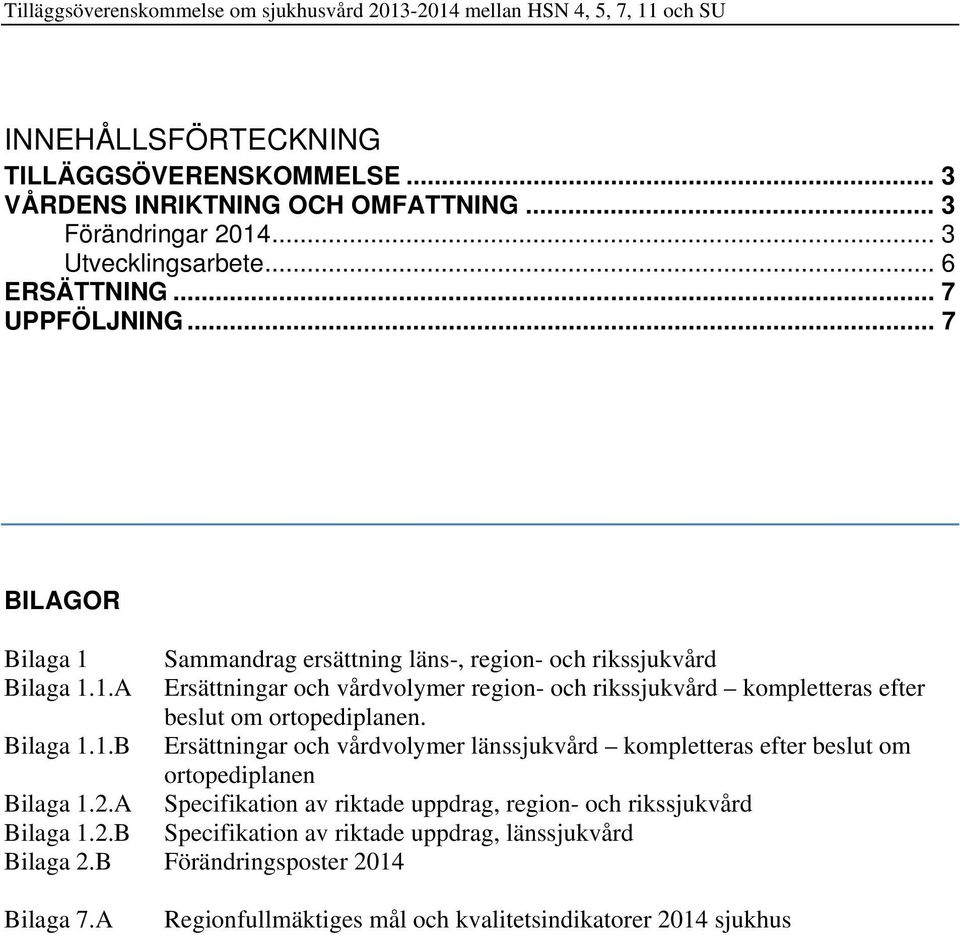 Bilaga 1.1.B Ersättningar och vårdvolymer länssjukvård kompletteras efter beslut om ortopediplanen Bilaga 1.2.A Specifikation av riktade uppdrag, region- och rikssjukvård Bilaga 1.2.B Specifikation av riktade uppdrag, länssjukvård Bilaga 2.