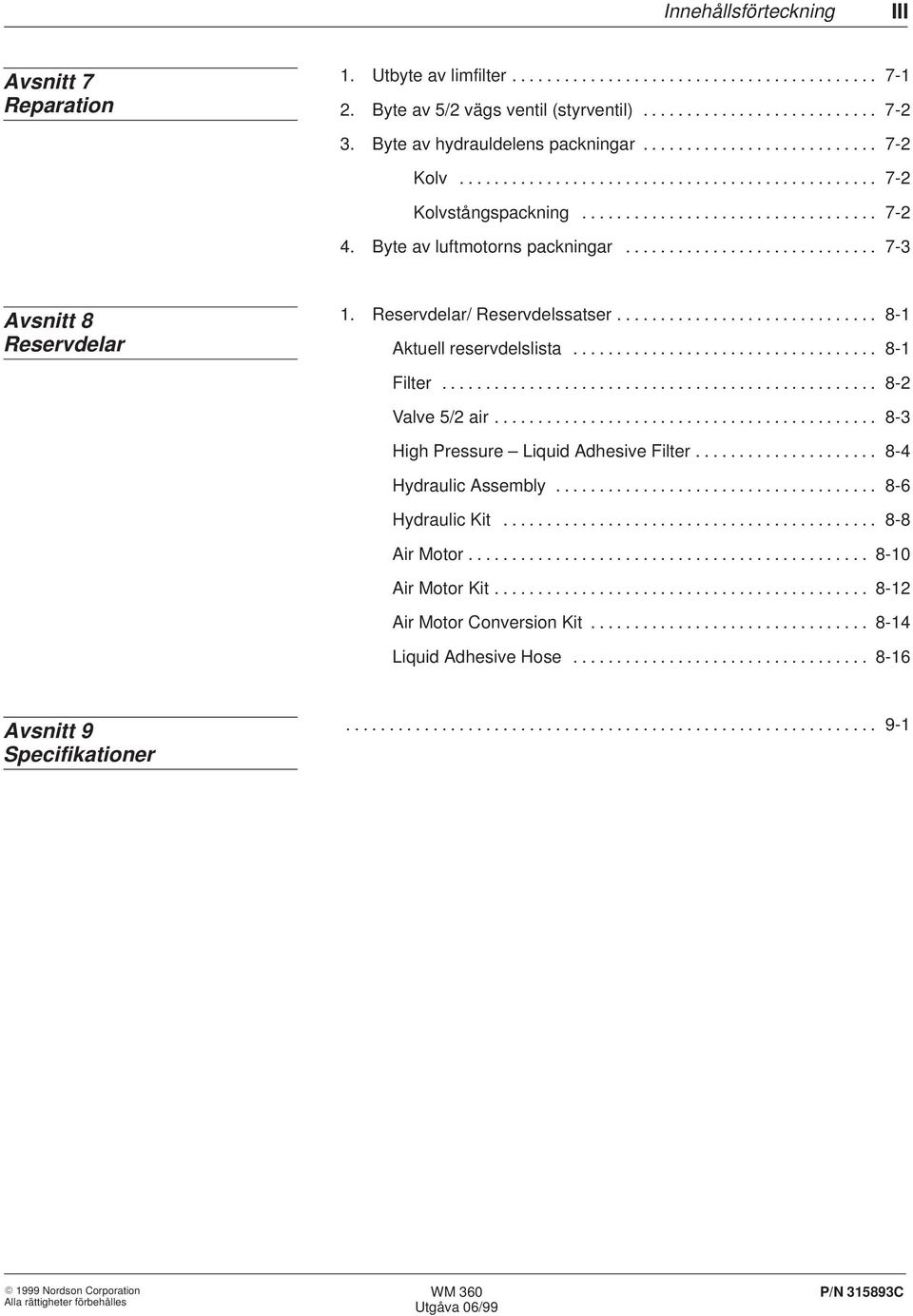 Byte av luftmotorns packningar............................. 7-3 Avsnitt 8 Reservdelar 1. Reservdelar/ Reservdelssatser.............................. 8-1 Aktuell reservdelslista................................... 8-1 Filter.