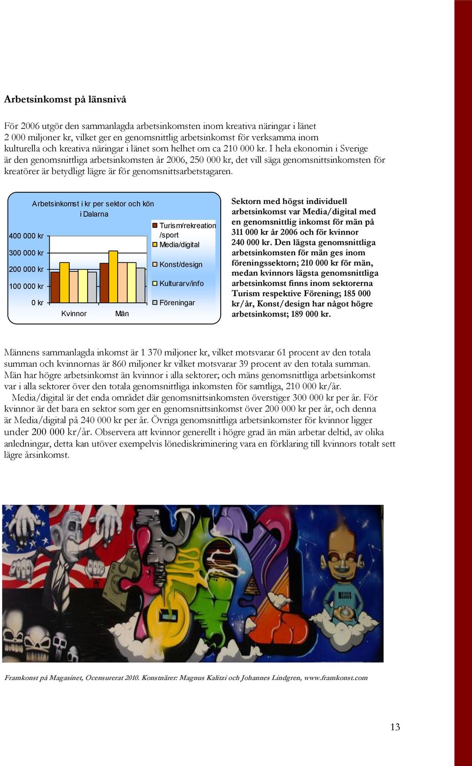 I hela ekonomin i Sverige är den genomsnittliga arbetsinkomsten år 2006, 250 000 kr, det vill säga genomsnittsinkomsten för kreatörer är betydligt lägre är för genomsnittsarbetstagaren.