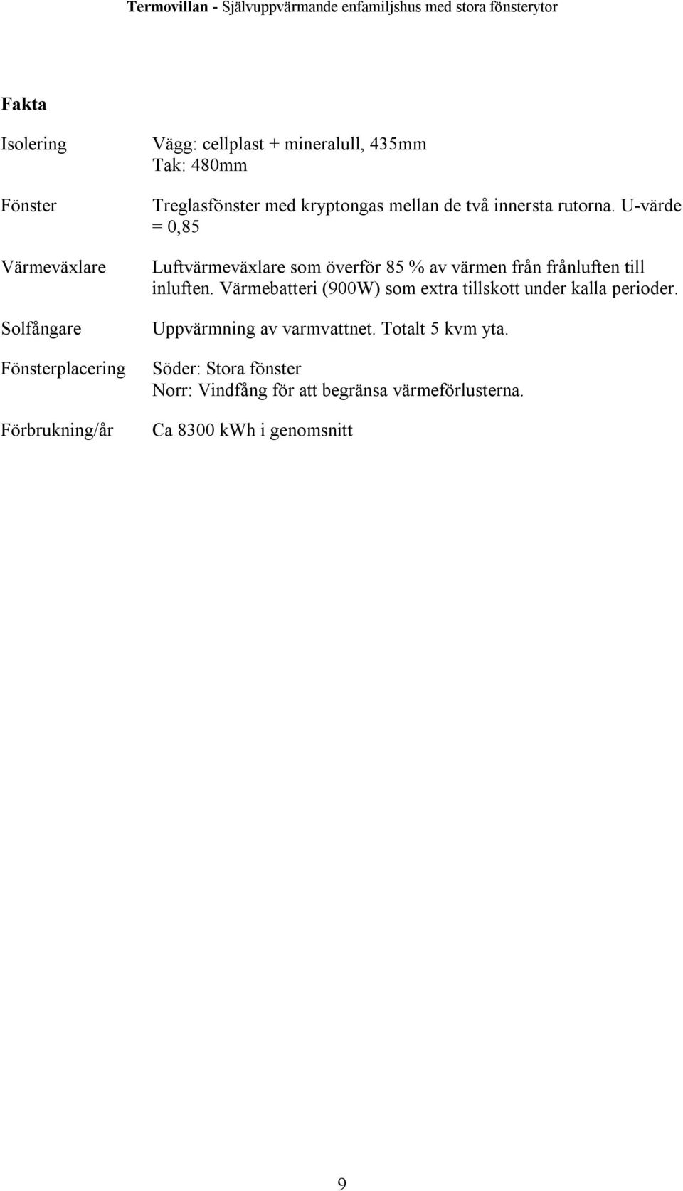 U-värde = 0,85 Luftvärmeväxlare som överför 85 % av värmen från frånluften till inluften.