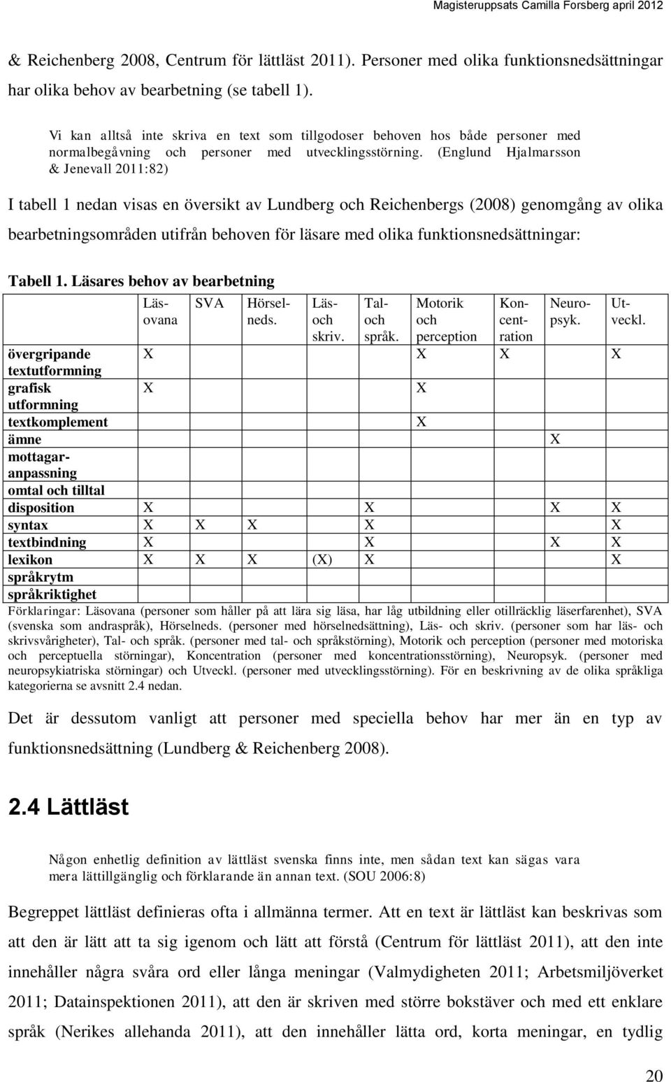 (Englund Hjalmarsson & Jenevall 2011:82) I tabell 1 nedan visas en översikt av Lundberg och Reichenbergs (2008) genomgång av olika bearbetningsområden utifrån behoven för läsare med olika