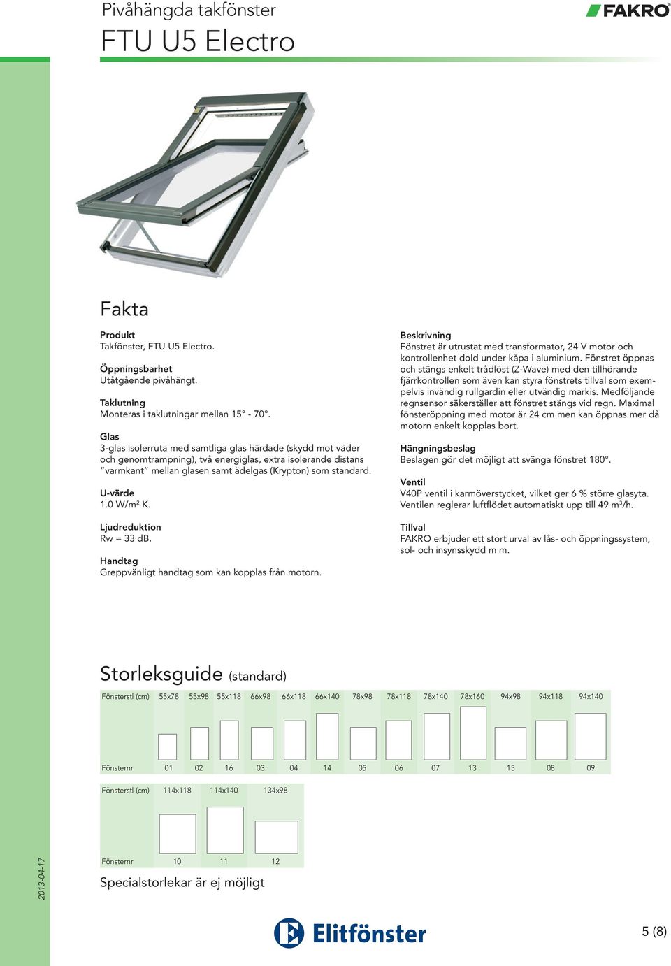 Rw = 33 db. Greppvänligt handtag som kan kopplas från motorn. Beskrivning Fönstret är utrustat med transformator, 24 V motor och kontrollenhet dold under kåpa i aluminium.