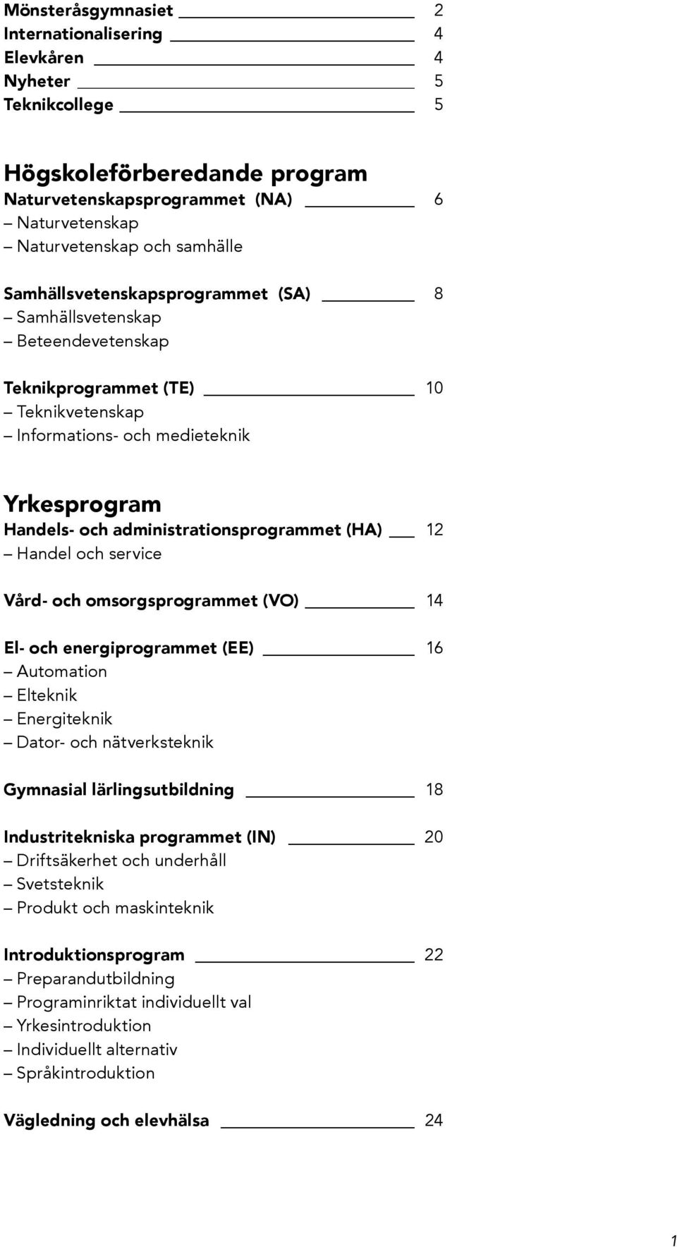 12 Handel och service Vård- och omsorgsprogrammet (VO) 14 El- och energiprogrammet (EE) 16 Automation Elteknik Energiteknik Dator- och nätverksteknik Gymnasial lärlingsutbildning 18 Industritekniska