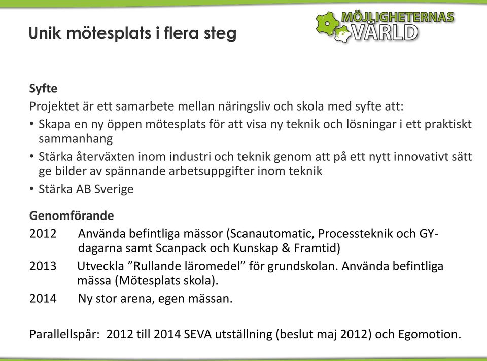 Stärka AB Sverige Genomförande 2012 Använda befintliga mässor (Scanautomatic, Processteknik och GYdagarna samt Scanpack och Kunskap & Framtid) 2013 Utveckla Rullande