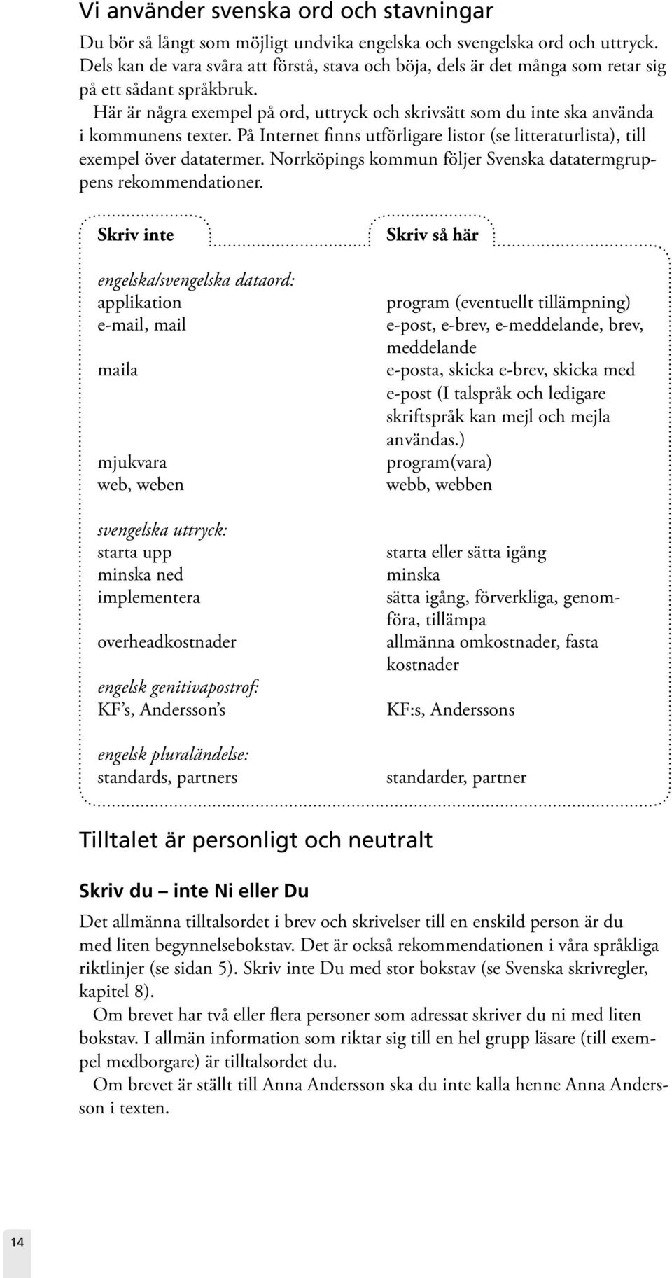 Här är några exempel på ord, uttryck och skrivsätt som du inte ska använda i kommunens texter. På Internet finns utförligare listor (se litteraturlista), till exempel över datatermer.