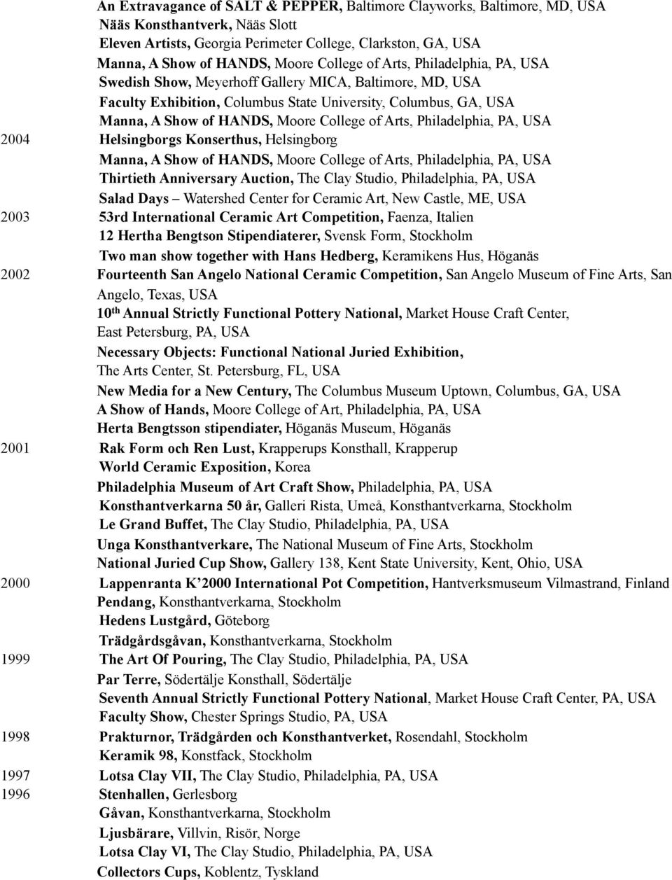 of Arts, Philadelphia, PA, USA 2004 Helsingborgs Konserthus, Helsingborg Manna, A Show of HANDS, Moore College of Arts, Philadelphia, PA, USA Thirtieth Anniversary Auction, The Clay Studio,
