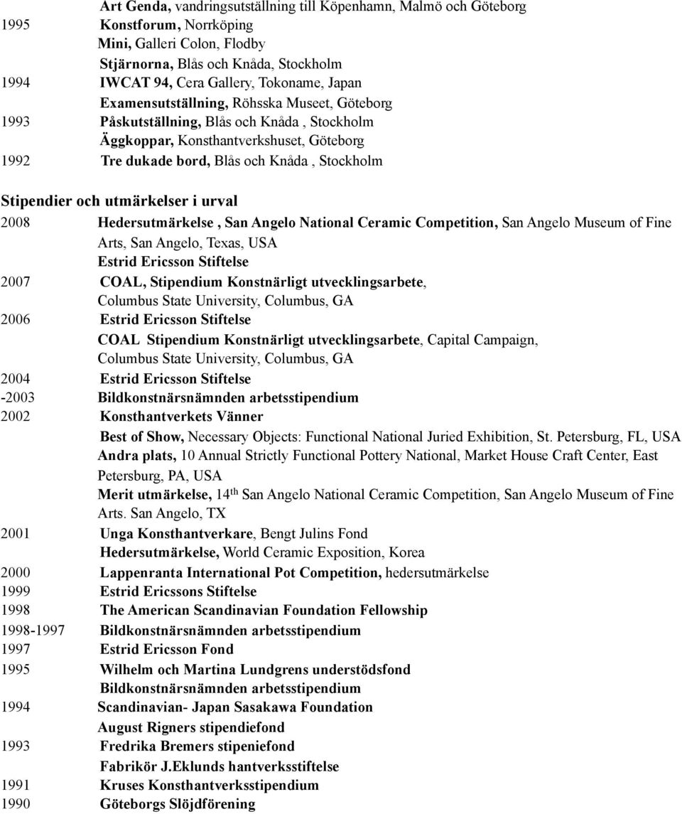 och utmärkelser i urval 2008 Hedersutmärkelse, San Angelo National Ceramic Competition, San Angelo Museum of Fine Arts, San Angelo, Texas, USA Estrid Ericsson Stiftelse 2007 COAL, Stipendium