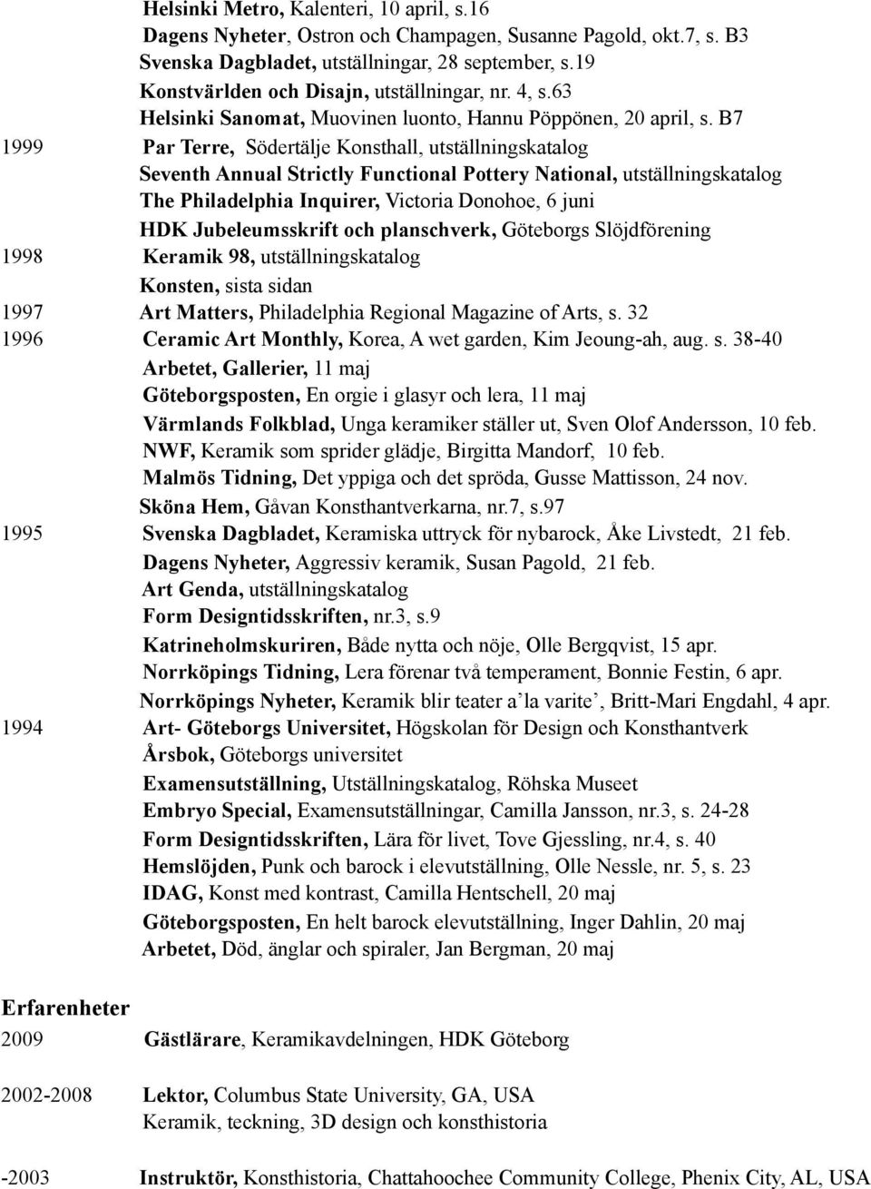 B7 1999 Par Terre, Södertälje Konsthall, utställningskatalog Seventh Annual Strictly Functional Pottery National, utställningskatalog The Philadelphia Inquirer, Victoria Donohoe, 6 juni HDK