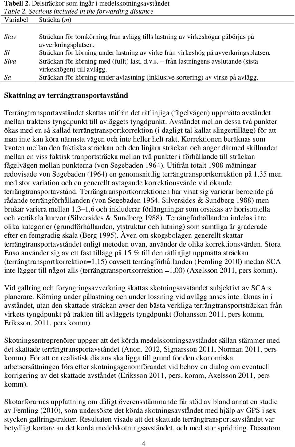 Sträckan för körning under lastning av virke från virkeshög på avverkningsplatsen. Sträckan för körning med (fullt) last, d.v.s. från lastningens avslutande (sista virkeshögen) till avlägg.