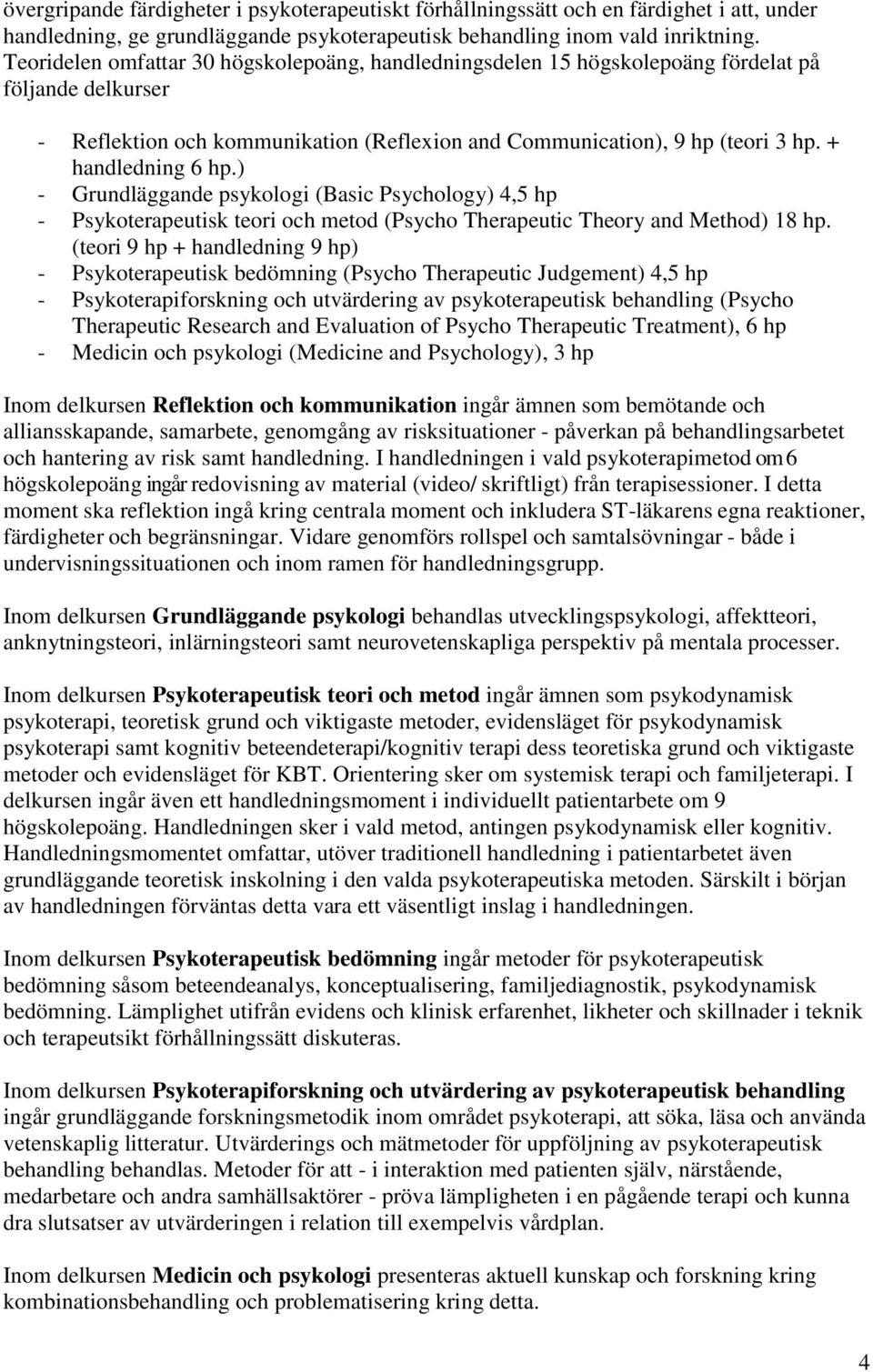 + handledning 6 hp.) - Grundläggande psykologi (Basic Psychology) 4,5 hp - Psykoterapeutisk teori och metod (Psycho Therapeutic Theory and Method) 18 hp.