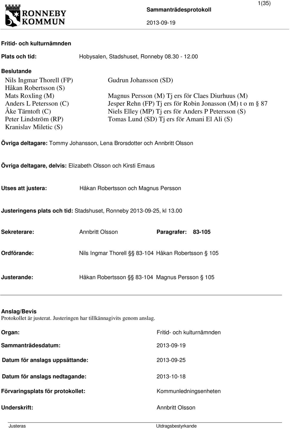 Robin Jonasson (M) t o m 87 Åke Tärntoft (C) Niels Elley (MP) Tj ers för Anders P Petersson (S) Peter Lindström (RP) Tomas Lund (SD) Tj ers för Amani El Ali (S) Kranislav Miletic (S) Övriga