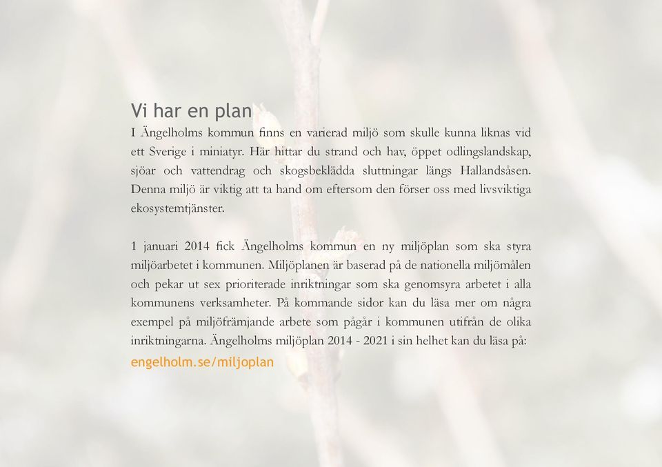 Denna miljö är viktig att ta hand om eftersom den förser oss med livsviktiga ekosystemtjänster. 1 januari 2014 fick Ängelholms kommun en ny miljöplan som ska styra miljöarbetet i kommunen.