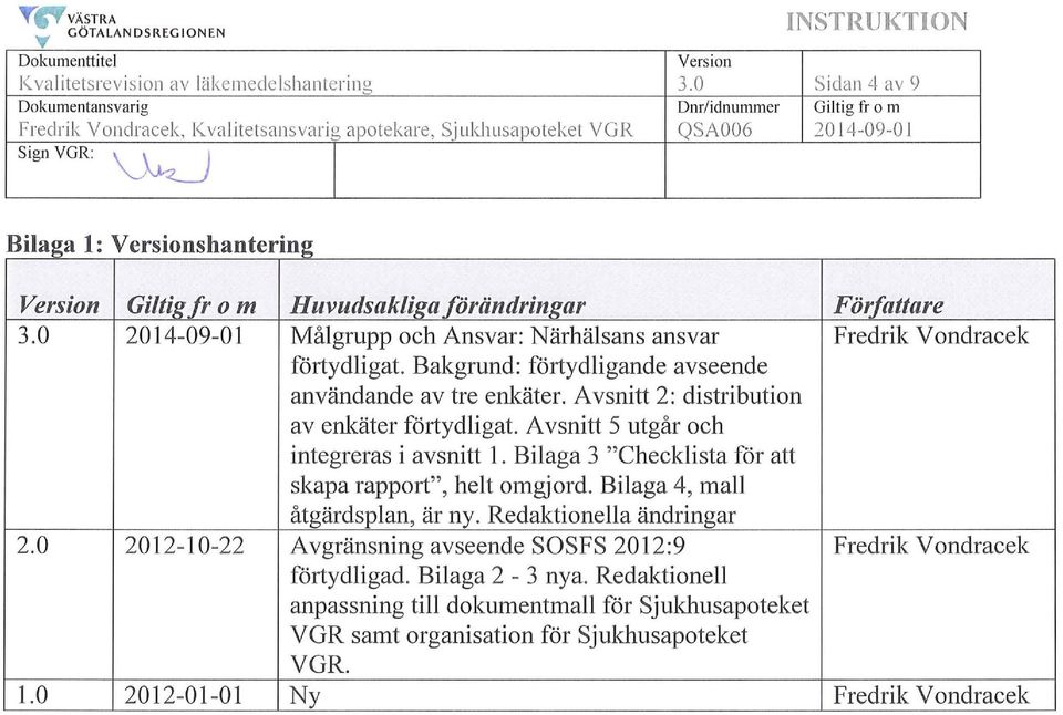 Huvudsakliga förändringar Författare 3.0 2014-09-01 Målgrupp och Ansvar: Närhälsans ansvar Fredrik V ondracek förtydligat. Bakgrund: förtydligande avseende användande av tre enkäter.